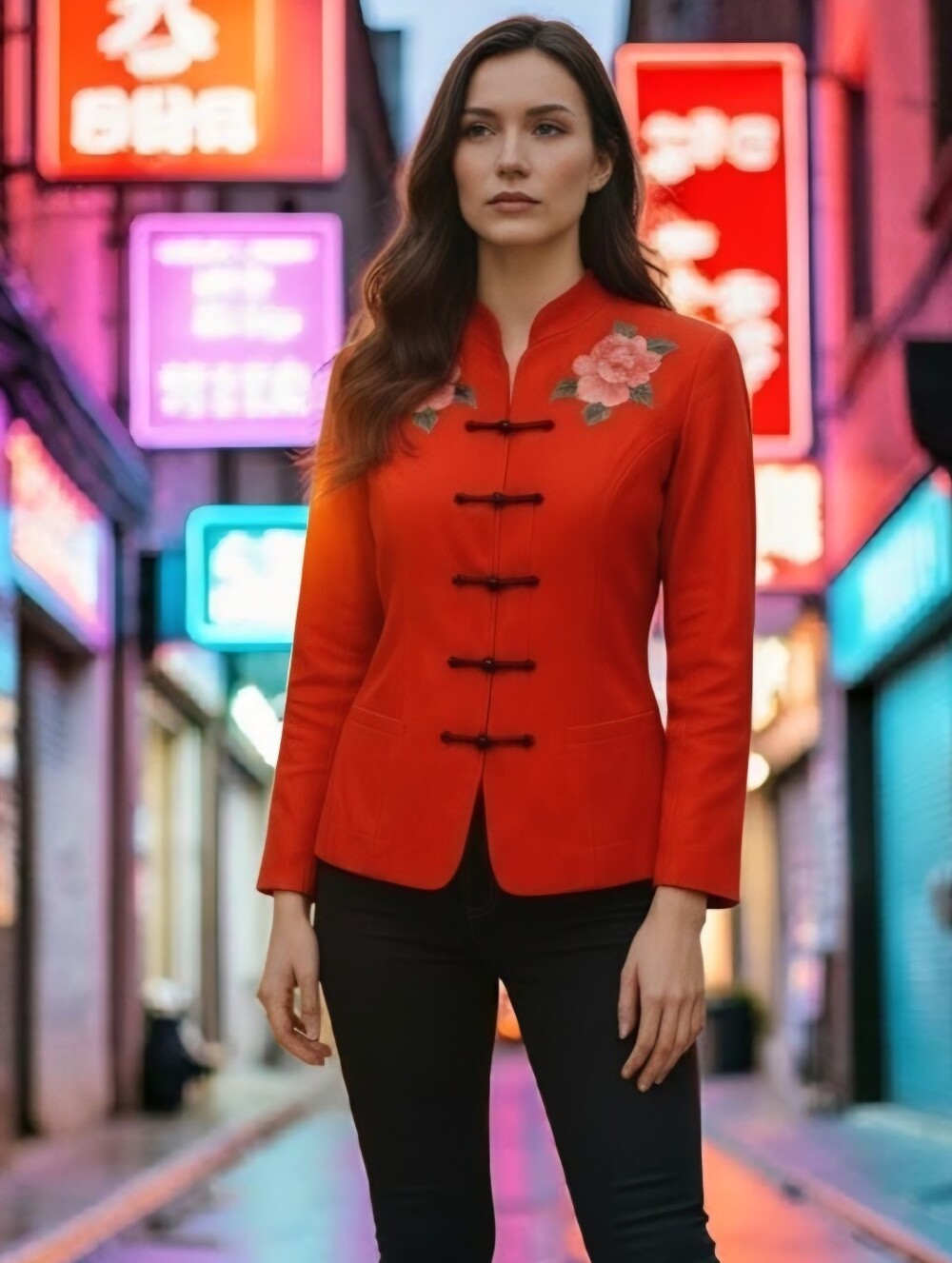 Beautiful Red Floral Asian Jacket Blazer By Bo Xi Hua Fu Women's Size L - Picture 14 of 14